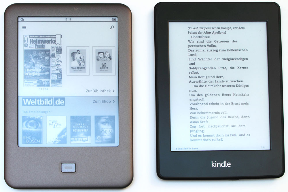Tolino Shine und Amazon Kindle Paperwhite im Größenvergleich (©  eTest)